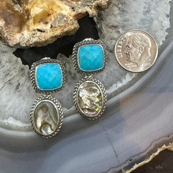 Carolyn Pollack Sterling Square Turquoise & Oval Abalone/Quartz Post Earrings - Picture 8 of 10